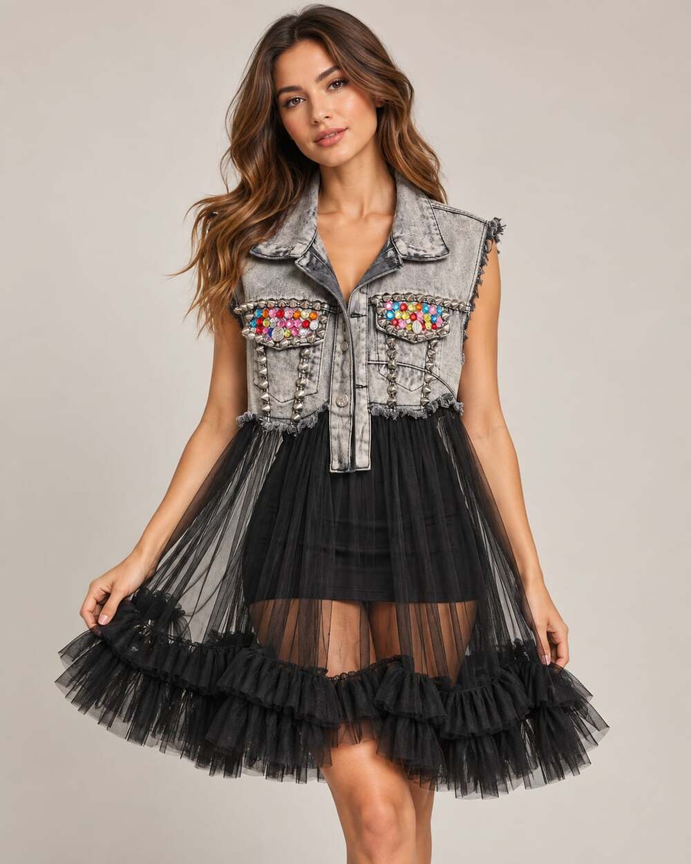 Heartlife Denim Tulle Vest with rhinestones